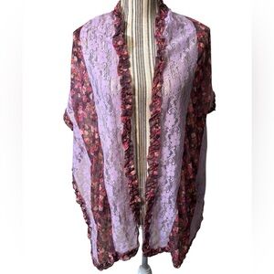 NWT Chuns Kimono Wrap Scarf Lavender Lace & Rose-Print Floral Stretchy Pink NEW